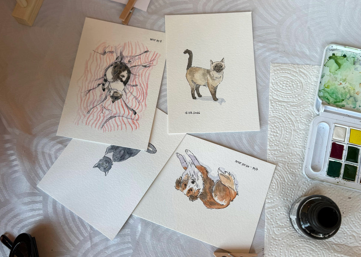 Mini portrait illustré de votre chat/chien - Aquarelle & encre de Chine